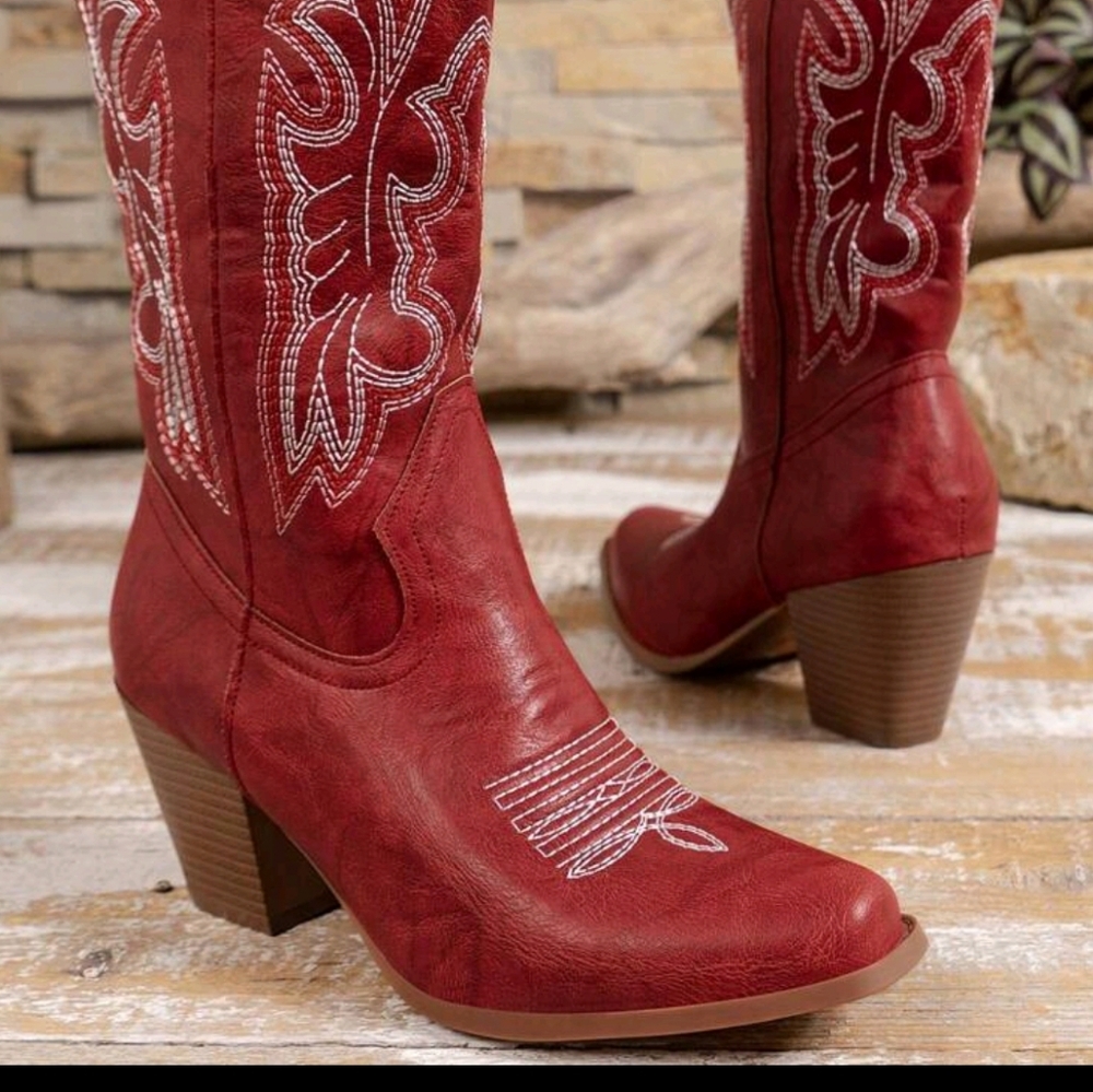 Women's Western Style Embroidered Mid-Calf Boots With Pointed Toe, Chunky Heel - Picture 2 of 5
